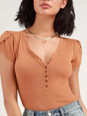 Free People Mia Bodysuit Women's Size Medium Santa Fe Brown V Neck NWT